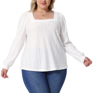 Agnes Orinda Women's Plus Size Square Neck Hollow Eyelet Long Sleeve Dressy Shirts - 1 of 4