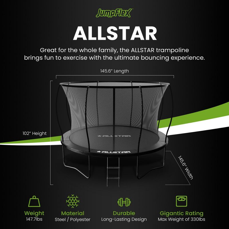 ALLSTAR 12 Ft Round Trampoline for Kids Outdoor Backyard Play Equipment Playset with Net Safety Enclosure and Ladder, Black, 3 of 9