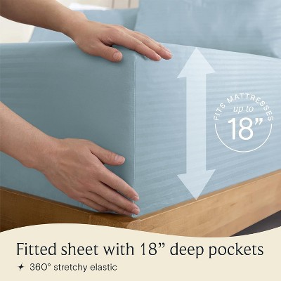 King Size Light Blue Striped Cotton Polyester Sheet Set