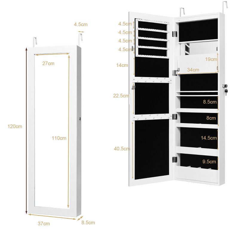 Costway Wall Door Mounted Mirror Jewelry Cabinet Organizer LED Lights, 3 of 11
