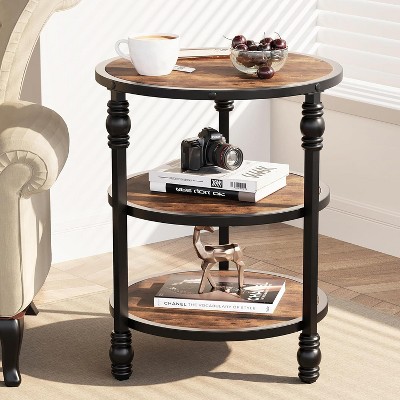 Homhougo End Table 3-Tier Round Side Table Living Room Accent Table with Storage Shelf and Metal Industrial Wood Bed Side Table/Night Stand, Brown