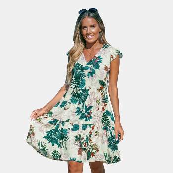 Women's Tropical Leaf Flutter Sleeve Mini Dress - Cupshe