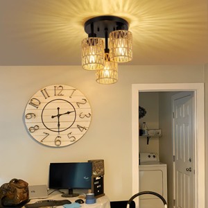 3-Lights Semi-Flush Ceiling Lights,Bohemian Rattan Flush Mount Light, Bulbs Not Included-The Pop Home - 1 of 4