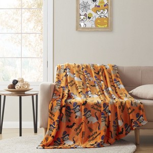 Kate Aurora Halloween Orange Cats & Broomstick Plush Throw Blanket 50x70 - 1 of 4