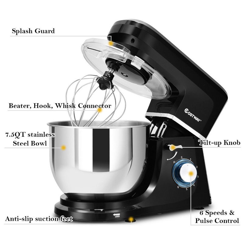 Costway Tilt-Head Stand Mixer 7.5 Qt 6 Speed 660W with Dough Hook, Whisk & Beater Black, 4 of 11