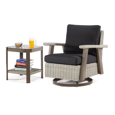 COWLOWN Black 2 Piece Outdoor Swivel Rocker Chair Set, Patio Wicker Lounge Chair with Weather-Resistant Cushions, Rattan Furniture for Balcony & Deck