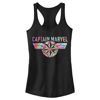 Juniors Womens Marvel Captain Marvel Logo Banner Tie Dye Colors Racerback Tank Top