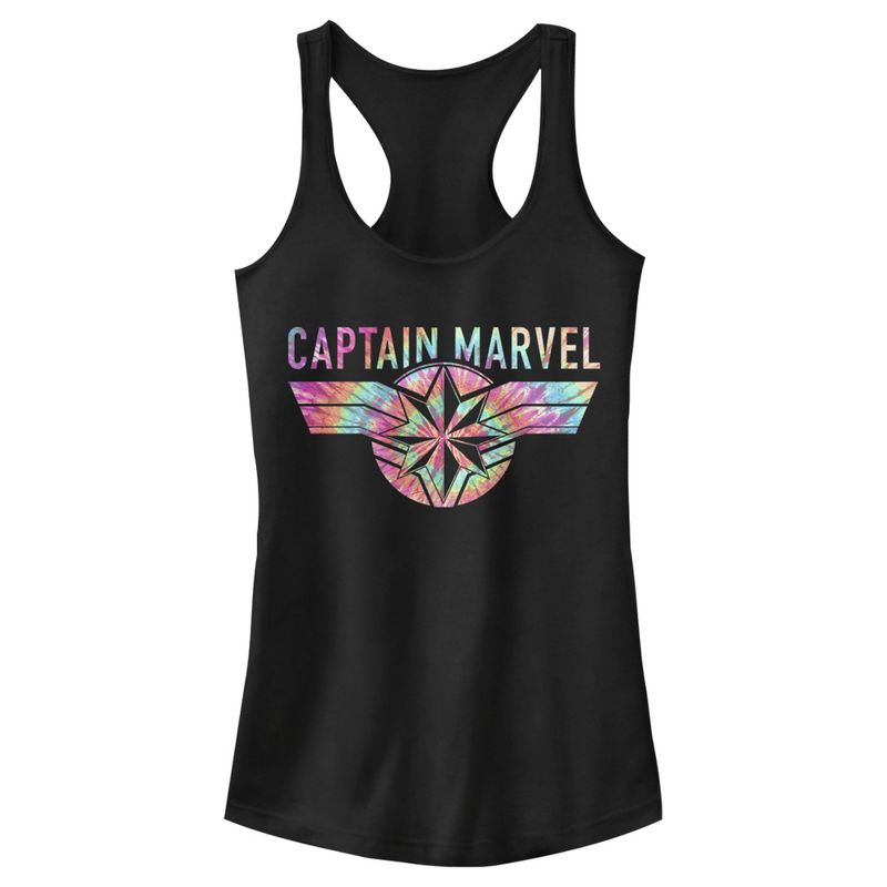 Juniors Womens Marvel Captain Marvel Logo Banner Tie Dye Colors Racerback Tank Top, 1 of 5