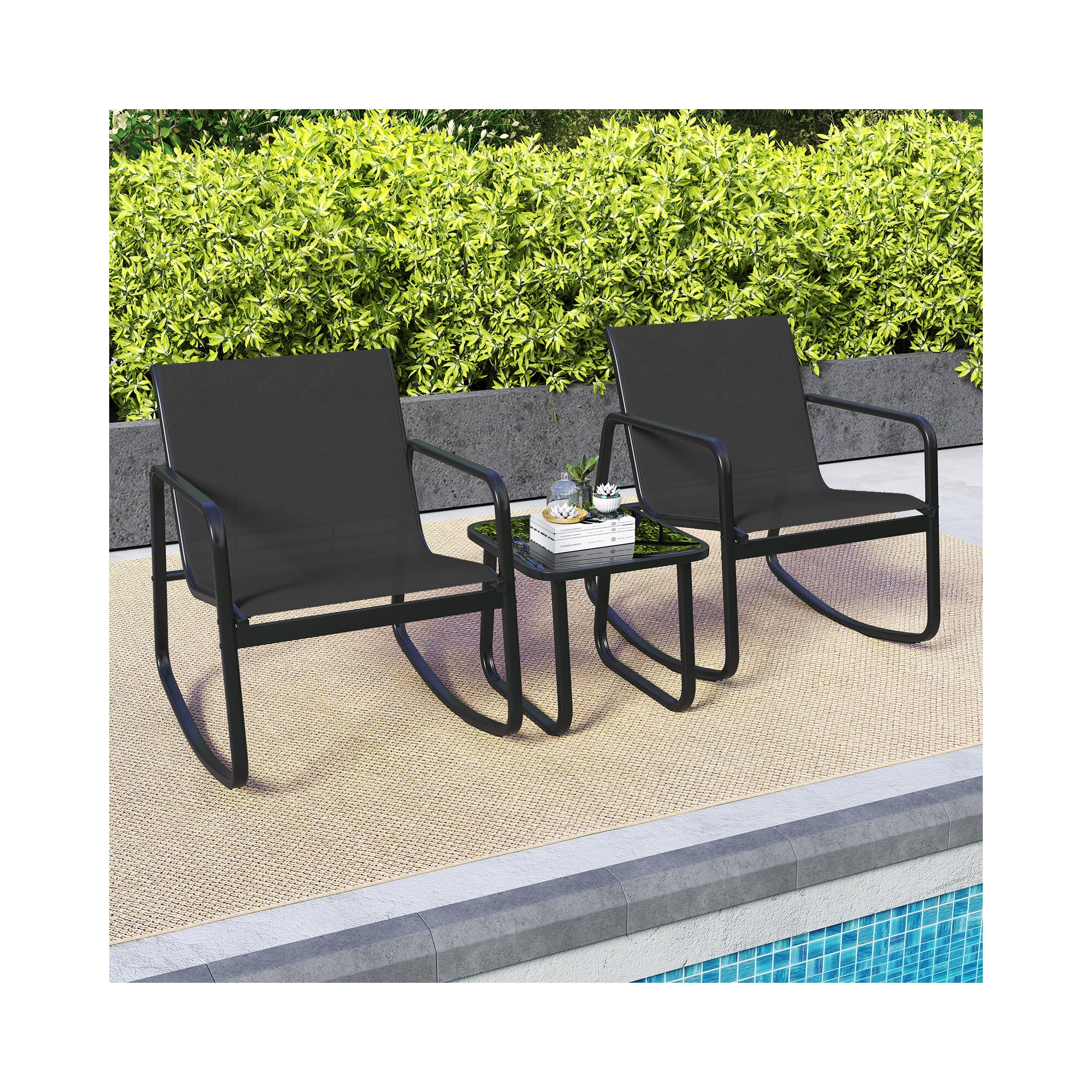 Costway 3 Piece Patio Rocking Set 2 Rocking Bistro Chairs & Glass-Top Table for Porch
