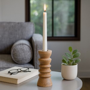 Natural Wood Candle Holder - Rustic Wooden Taper Candlestick Holder for Dining Table Centerpieces, Coffee Table Styling, and Home Accents - 6", Tan - 1 of 4