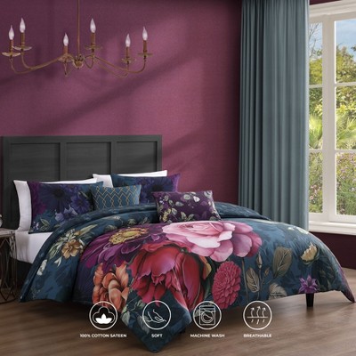 Bebejan Vibrant 100% Cotton Sateen 5 Piece Floral Reversible Comforter Set, All Season Bedding Set - Queen — фото 2