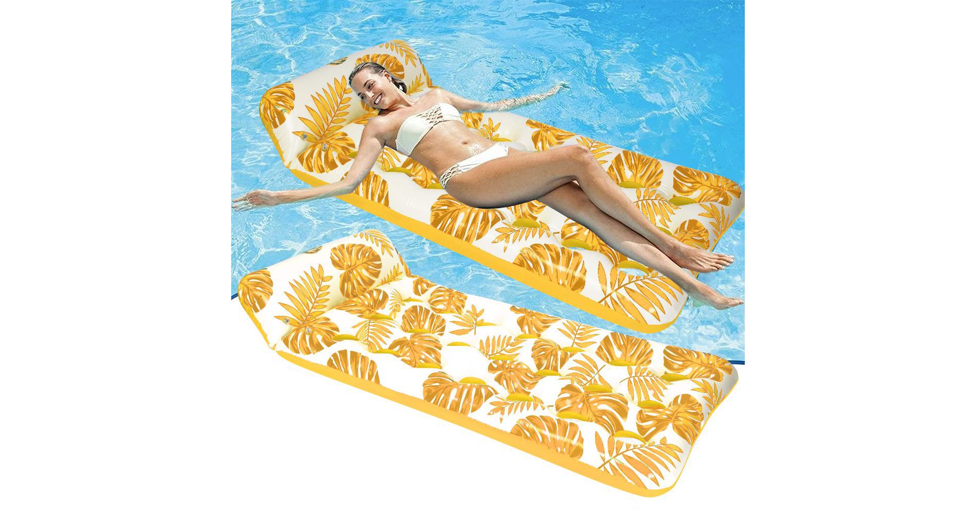 MOVSSOU Inflatable Pool Float Mat 73"x34" Adult Lounger Float with Headrest Pool Lounge Chair Floating Yellow