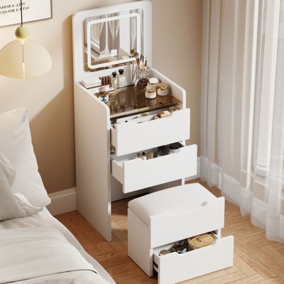 GDFStudio Holmen Modern 3 in 1 Drawer Storage Vanity Desk Set with Fold Mirror and Stool