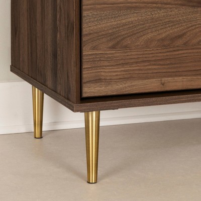 Natural Walnut and White Stone 2-Drawer End Table with Brass Legs