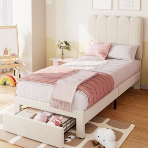 Twin Bed Frame with Storage Drawer and Headboard, Velvet Upholstered Twin Platform Bed Frame for Girls, Strong Wooden Slats Support, Noise-Free - 1 of 4