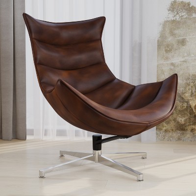 Bomber Jacket Faux Leather Curved Swivel Accent Chair with Chrome Base