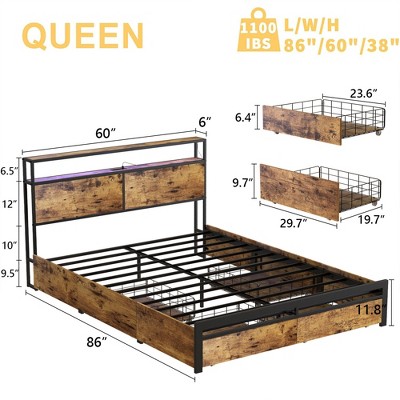 Rustic Brown Queen Metal Platform Bed Frame with Storage Drawers and LED Headboard