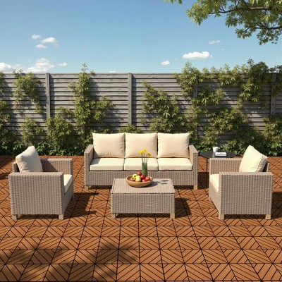 11 Pieces of 11.7" x 11.7" Textured Plastic Wood Deck Tiles for Outdoor Terrace Flooring, Brown