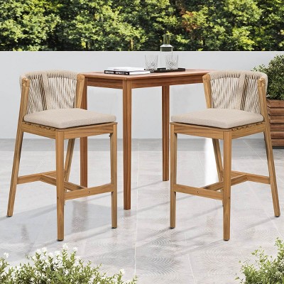 Set of 2 Acacia Wood Outdoor Bar Stool,Ergonomic Rope Woven Backrest Bar Stool with Cushions,Bar Stool for Patio or Garden-Cuddlewood