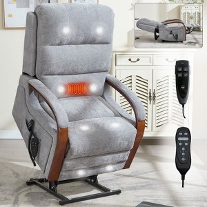 Grey Chenille Power Lift Recliner Chair with Solid Wood Armrests and Heat Massage for Living Room Apartment - 1 of 4