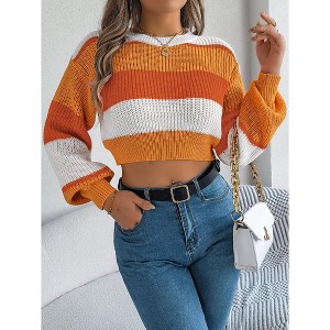 Coolmee Women's Colorblock Pullover Cropped Sweaters, Loose Crewneck Long Sleeve Casual Knitted Fall Winter Sweater Tops - 1 of 3