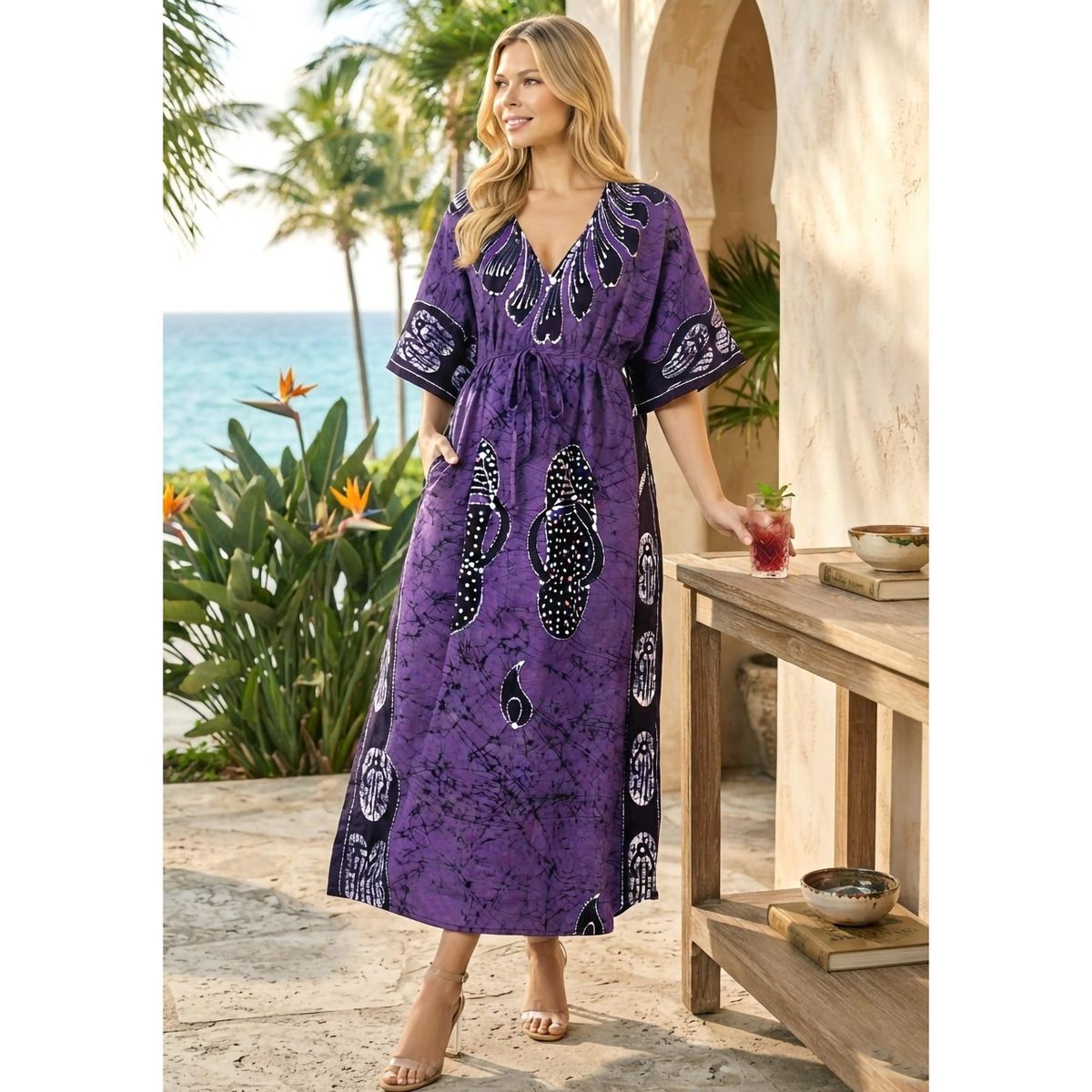 LA LEELA Summer Cotton Resortwear Holiday Caftan for Women Vacation Cruise Maxi Lounge Dress Comfortable Fit 2X-3X Purple Abstract - thumbnail 4