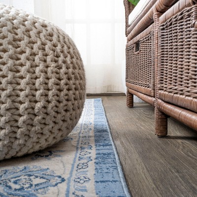 Elegant Vintage Floral 5' Square Blue and Cream Synthetic Area Rug