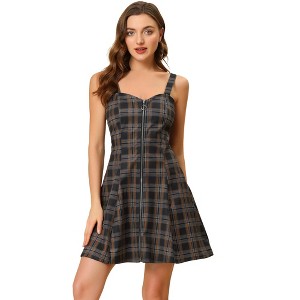 Allegra K Women's Plaid Zipper Front Strap Sleeveless Mini Party A-Line Dress - 1 of 4