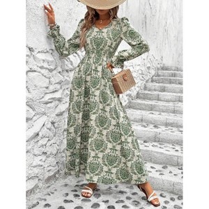 Long Sleeve Dress for Women Casual Elegant Boho Floral Smocked Dress V Neck High Waist Ruffle Tiered Midi Dresses - 1 of 4
