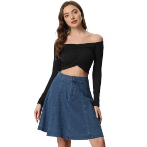 INSPIRE CHIC Women's High Waist A-Line Flared Pleated Above Knee Denim Skirt - 1 of 4
