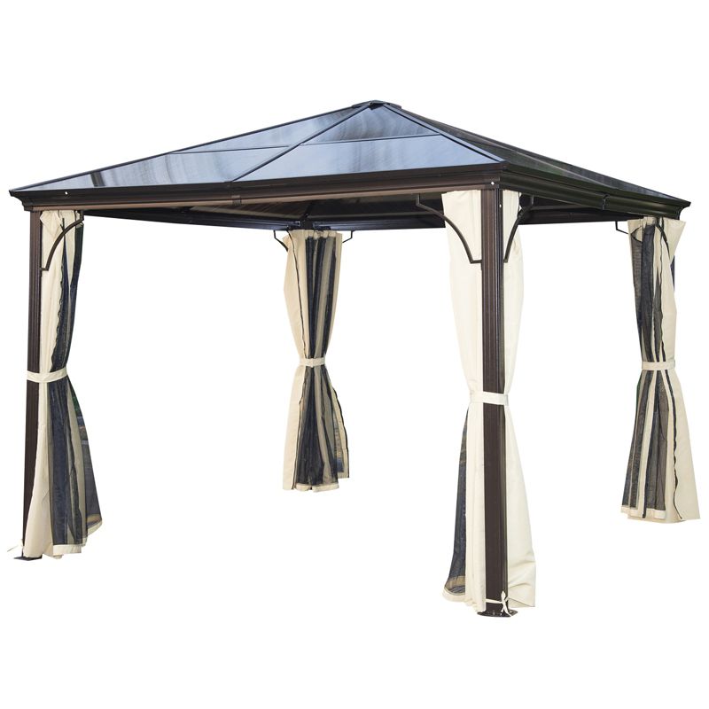Outsunny 10x12 Polycarbonate Hardtop Gazebo, Gazebo Canopy with Aluminum Frame, Curtains and Netting for Garden, Patio, Backyard, Beige, 4 of 8