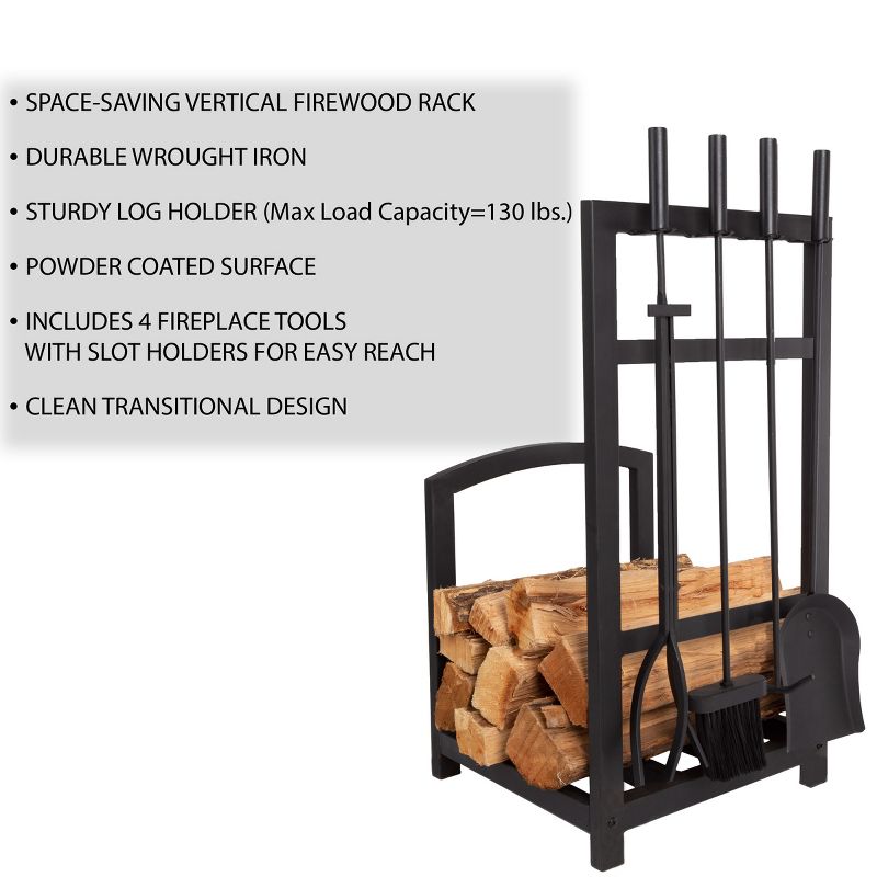 5-Piece Fireplace Tool Set and Log Rack - Mission-Style Firewood Holder with Shovel, Broom, Tongs, and Poker for Hearth by Lavish Home (Matte Black), 3 of 8