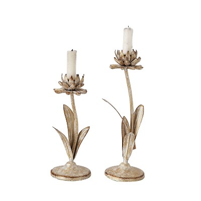 2pc Metal Taper Candle Holder Set with Flowers Gold/White - 3R Studios