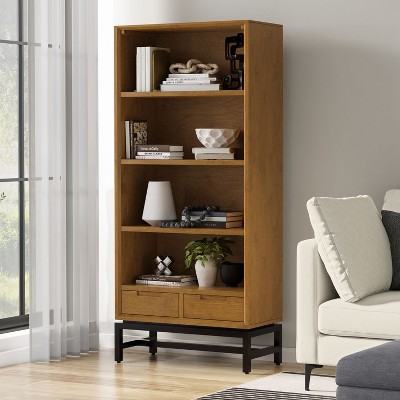 NicBex Bookcases for Living Room Modern 66" H 4 Tier Storage Wood Bookshelves with Adjustable Shelves and 2 Drawers for Office Home