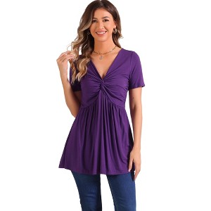 INSPIRE CHIC Women's Summer Front Knotted V Neck Short Sleeve Pullover Tunic Tops - 1 of 4