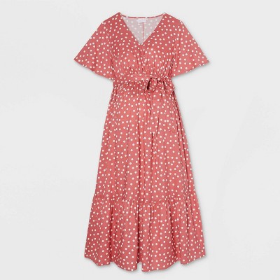 Flutter Short Sleeve Woven Maternity Dress - Isabel Maternity by Ingrid & Isabel™ Coral Pink Polka Dot L
