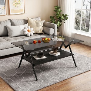 NicBex Modern Trapezoid Coffee Table with Tempered Glass Top & Metal Legs,2-Tier Wood Center Table for Living Room,Living Room Furniture - 1 of 4