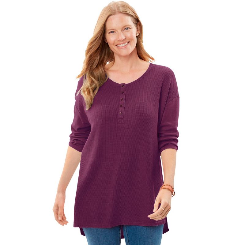Woman Within Women's Plus Size Washed Thermal High-Low Henley Tunic, 1 of 2