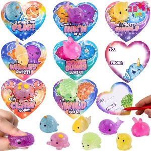 Joyfy 28pcs Valentines Mochi Squishy Glitter with Cards for Kids' Classroom Exchange Gifts - 1 of 4