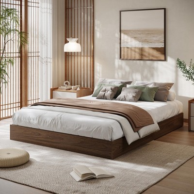 homfan  Solid Wood Platform Bed, Modern Minimalist Floor-Standing Bed Frame with Strong Wooden Slats