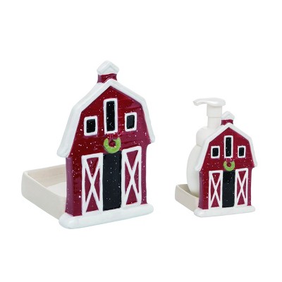 Transpac Ceramic 6 in. Red Christmas Barn Soap Caddy