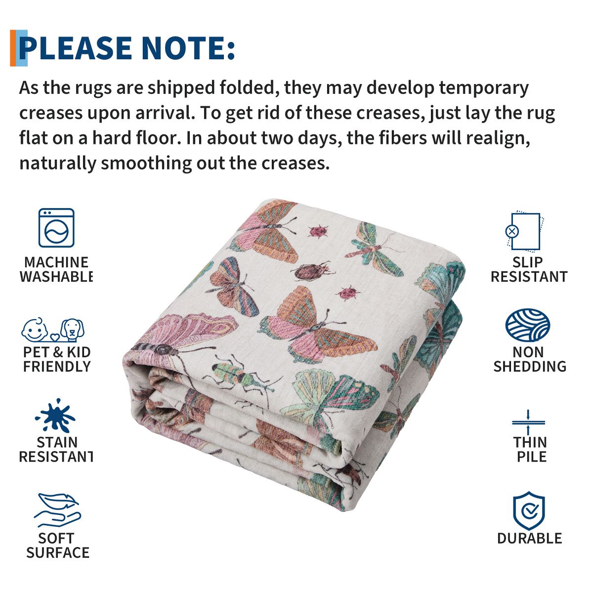 Machine Washable Butterfly Insect Print Area Rug, Non-Slip TPR Backing, Soft Polyester Low-Profile Rug for Living Room Bedroom - thumbnail 7