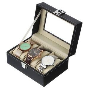 Unique Bargains PU Leather Glass Cover Wooden Watch Storage Box - 1 of 4