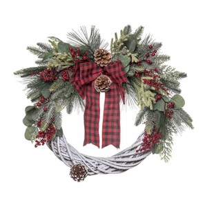 Transpac Artificial 24 in. Multicolored Christmas Woven Wreath with Check Bow - 1 of 2