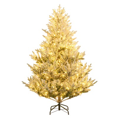 Costway 6/7/8 FT Artificial Christmas Tree with 762/1074/1470 Flocked Branch Tips, 340/450/580 Warm White LED Lights