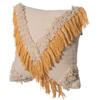 DEERLUX 16" Handwoven Cotton Throw Pillow Cover with Embossed and Fringed Crossed line, Yellow