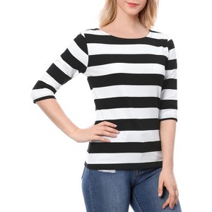INSPIRE CHIC Women's Stripes Casual Basic Elbow Sleeves Boat Neck Slim Fit T-Shirts - 1 of 4