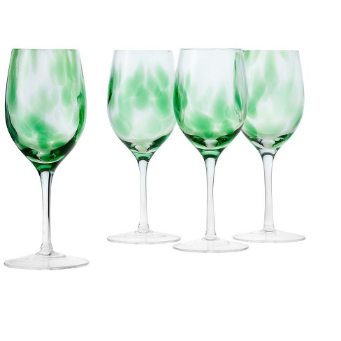 Set of 2 Green Floral Hand Painted Margarita Stemware Glasses 12 oz.