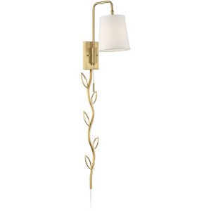 360 Lighting Luca Modern Swing Arm Wall Lamp with Cord Cover Warm Brass Plug-in Light Fixture Up Down White Fabric Shade for Bedroom Bedside Reading - 1 of 4