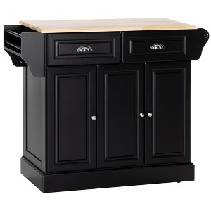 HOMCOM Rolling Kitchen Island with Storage, Wood Countertop, Utility Cart with 2 Drawers, 3 Cabinets, Towel Rack and Spice Stand, Black - 1 of 4